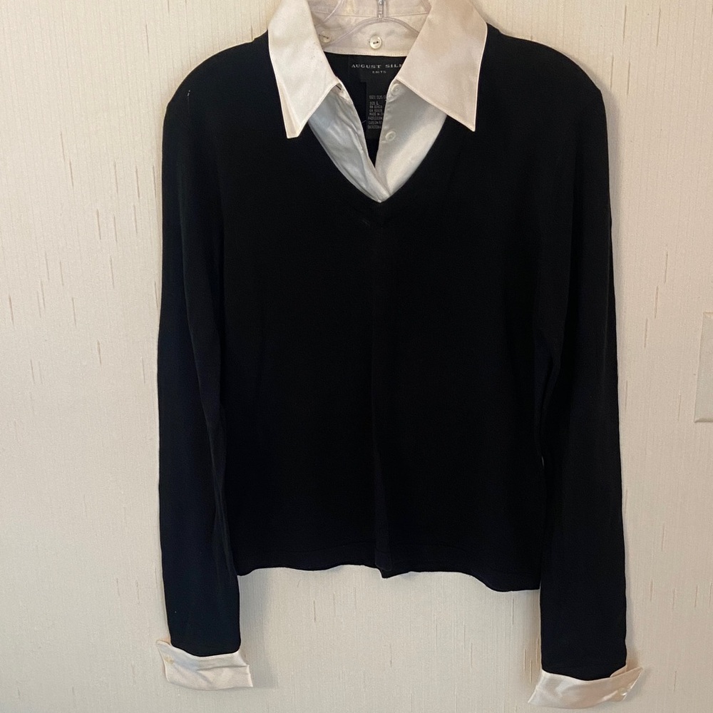 August Silk Black Sweater with Cream Collar